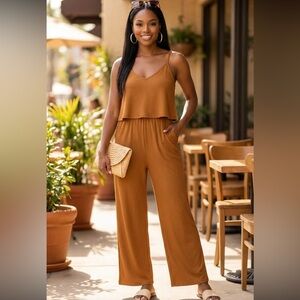 Plus Size Deep Camel Ribbed Wide-Leg Jumpsuit – Sleeveless & Relaxed Fit